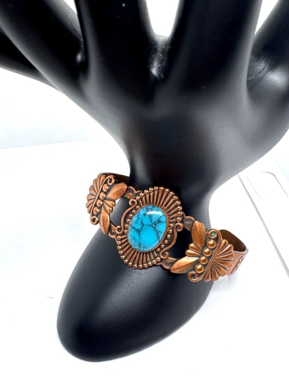 Vintage Copper Bell Faux Turquoise Copper Cuff Bracelet 6.5 Southwestern Signed